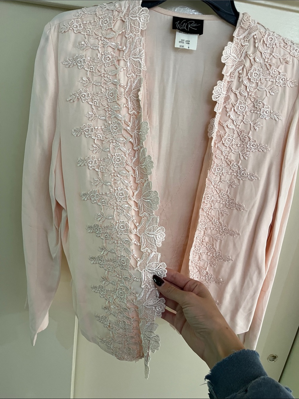 Wild Rose Vintage Pale Blush Lace-Trim Open Cardigan